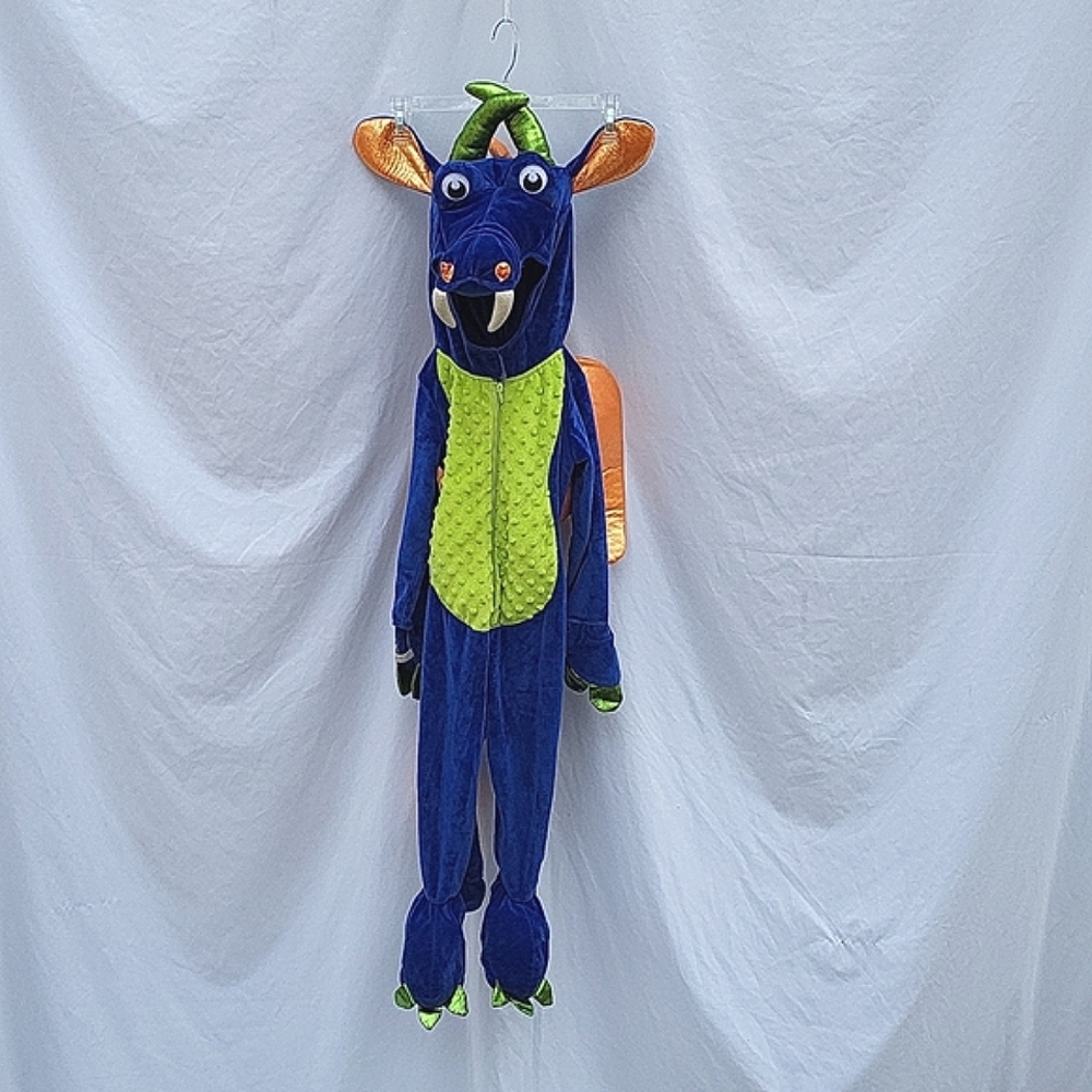 Kids dragon costume, blue orange green, gold wings, 3T